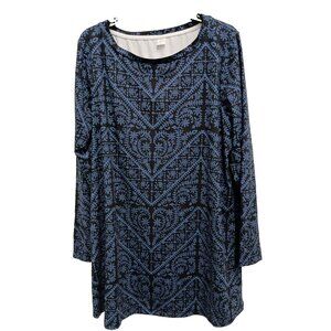 Nanu Womens Tunic Top Size XL Blue Floral Long Sleeve Crew Neck Pullover